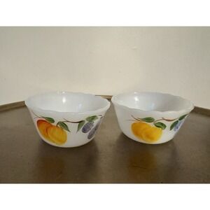 Fire King Vintage Pudding Small Bowls Painted Fruit Milk Glass Lot Of 2 VTG